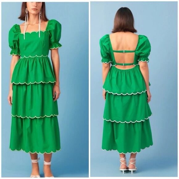 English Factory Scallop Tiered Green Dress Size XS Puff Sleeve Open Back Midi - Picture 1 of 12